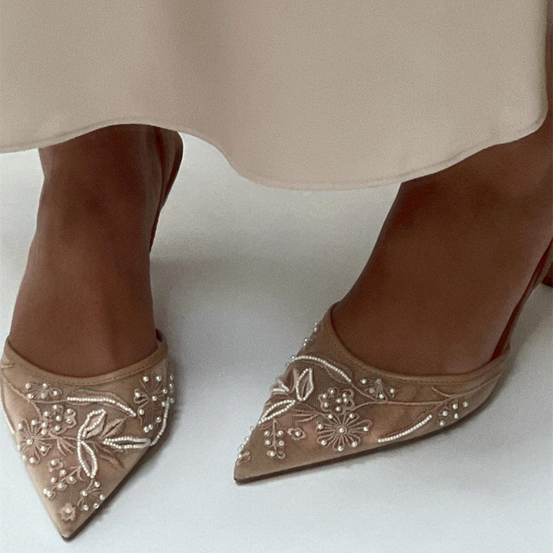 Women'S Fashion Brand Shoes - รองเท้าส้นสูงแบบสวมเปิดส้น ดีไซน์ตาข่ายลูกไม้ ประดับลูกไม้ ใส่ได้หลากหลายโอกาส เหมาะสำหรับฤดูร้อนและฤดูใบไม้ร่วง สำหรับผู้หญิง