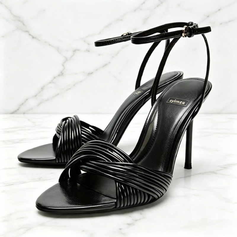 Women'S Fashion Brand Shoes - รองเท้าส้นเข็มแบบรัดข้อเท้าเปิดนิ้วเท้าประดับหัวเข็มขัดโลหะ ดีไซน์หรูหรา แบรนด์ดีไซเนอร์ สำหรับผู้หญิง สไตล์แฟชั่นครอสโอเวอร์