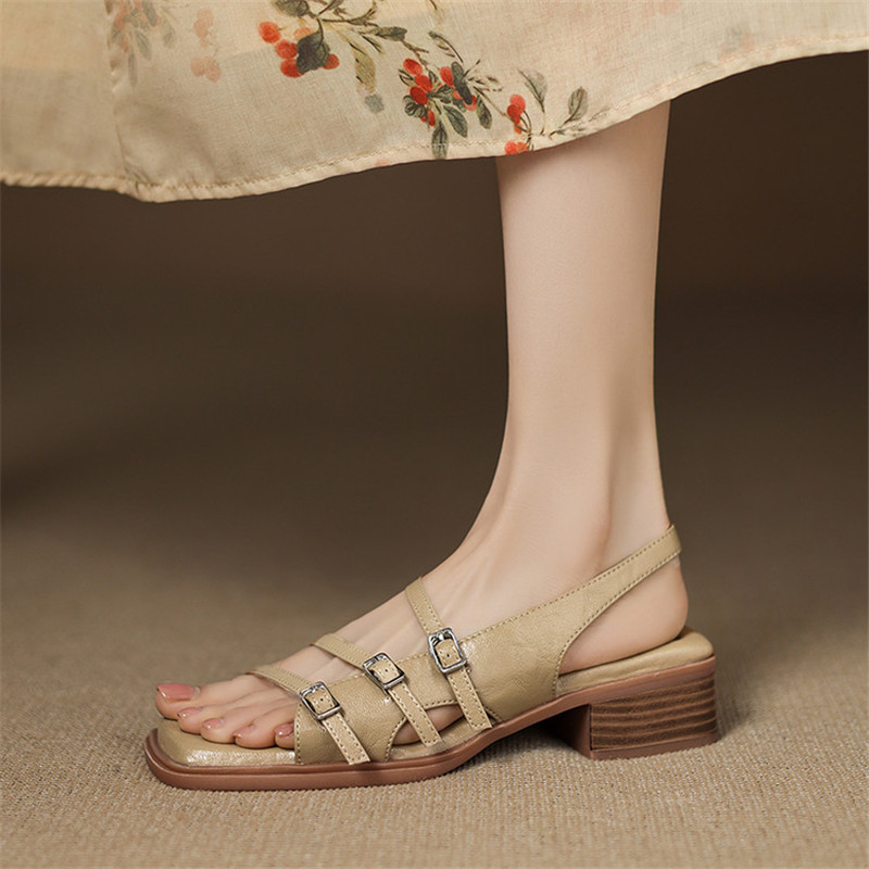 Fashion Women Belt - ฤดูร้อนใหม่รองเท้าแตะแยกหนังผู้หญิงรองเท้าสแควร์ Toe รองเท้าแตะผู้หญิงแฟชั่นเข็มขัดหัวเข็มขัด Chunky Heel Sandal