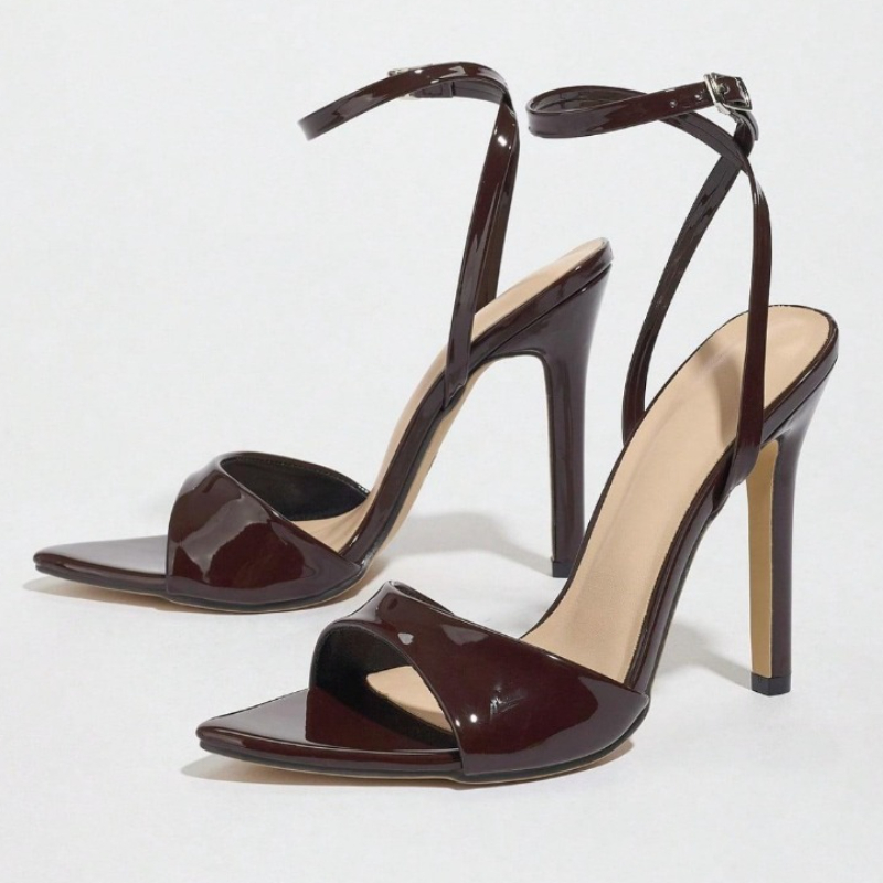 Women'S Fashion Brand Shoes - กาแฟสิทธิบัตรหนังรองเท้าส้นสูงรองเท้าแตะผู้หญิงแฟชั่นชี้ Toe ข้อเท้า BUCKLE ยี่ห้อ Designer