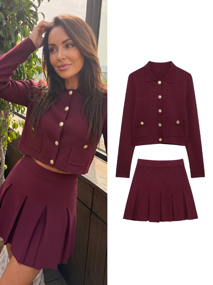 Longline Cardigan Knit - ชุดเซ็ตกระโปรงสีแดงถักนิตติ้งสำหรับผู้หญิง ดีไซน์หรูหรา ปกเสื้อแบบลา펠 กระดุมแถวเดียว แขนยาว เสื้อคลุมคาร์ดิแกน