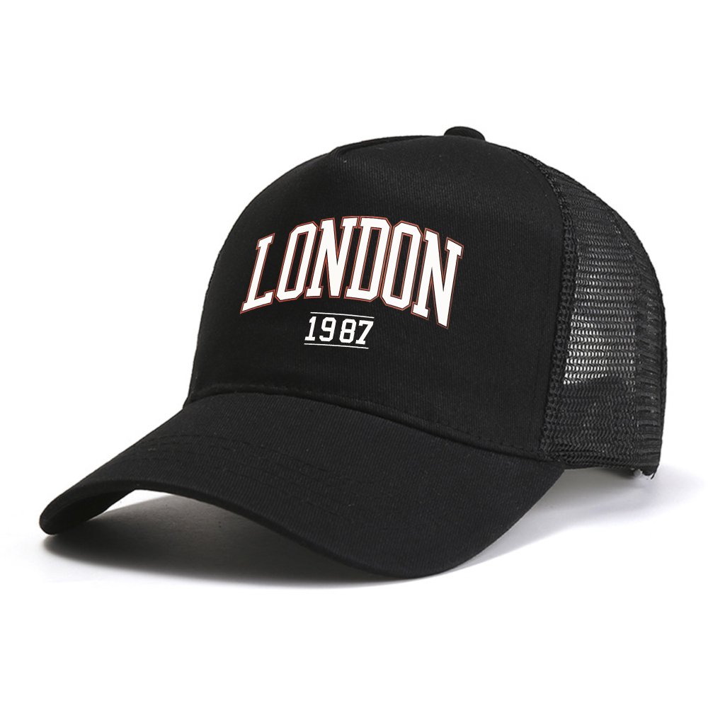 Women'S Fashion London - ลอนดอน 1987 หมวกเบสบอลพิมพ์ลายผู้ชายผู้หญิงหมวกกีฬาแฟชั่นลำลองกลางแจ้งตาข่ายระบายอากาศหมวกสแน็ปแบ็คหมวกปรับได้หมวกคนขับรถบรรทุก