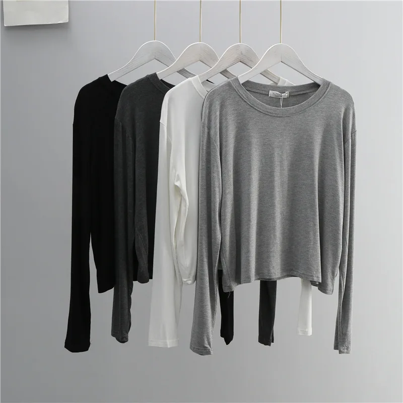 Women'S Fashion Jersey - เสื้อยืดแขนยาวคอโอ ผ้าผสมคอตตอน สำหรับผู้หญิง สีดำขาว สไตล์ลำลอง สำหรับฤดูใบไม้ร่วงและฤดูร้อน