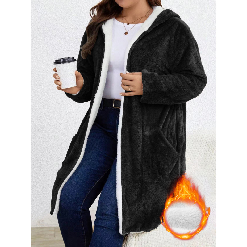 Longline Cardigan Knit - เสื้อคลุมคาร์ดิแกนขนฟูแบบมีฮู้ดสำหรับผู้หญิงไซส์ใหญ่ สีขาวบุขนด้านใน มีกระเป๋า เสื้อคลุมกันหนาวลำลองสำหรับฤดูหนาว