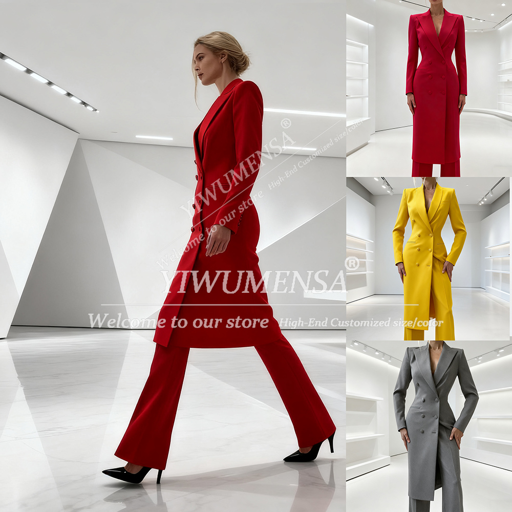 Women'S Fashion Jersey - ชุดสูทผู้หญิงแบบเรียบหรู 2 ชิ้น เสื้อแจ็คเก็ตปกแหลมติดกระดุมสองแถว กางเกงขายาว ชุดแฟชั่นสำหรับงานพรอม