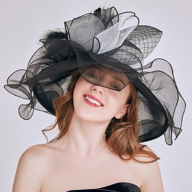 Women'S Fashion Kentucky Derby - หมวกแฟชั่นประดับดอกไม้สำหรับผู้หญิง สไตล์เคนตักกี้ดาร์บี้ ปีกกว้าง สำหรับงานแต่งงาน งานโบสถ์ ทำจากผ้าออร์แกนซ่า