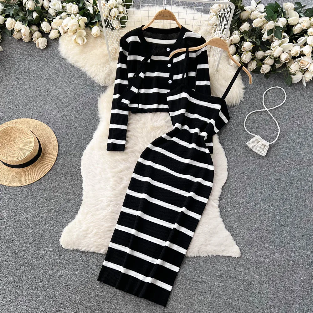 Longline Cardigan Knit - เกาหลีหวานตีสีเย็บปะติดปะต่อกันลายชุดสายรัดปาเก็ตตี้และคอวีแขนยาวคาร์ดิแกนชุด 2 ชิ้น