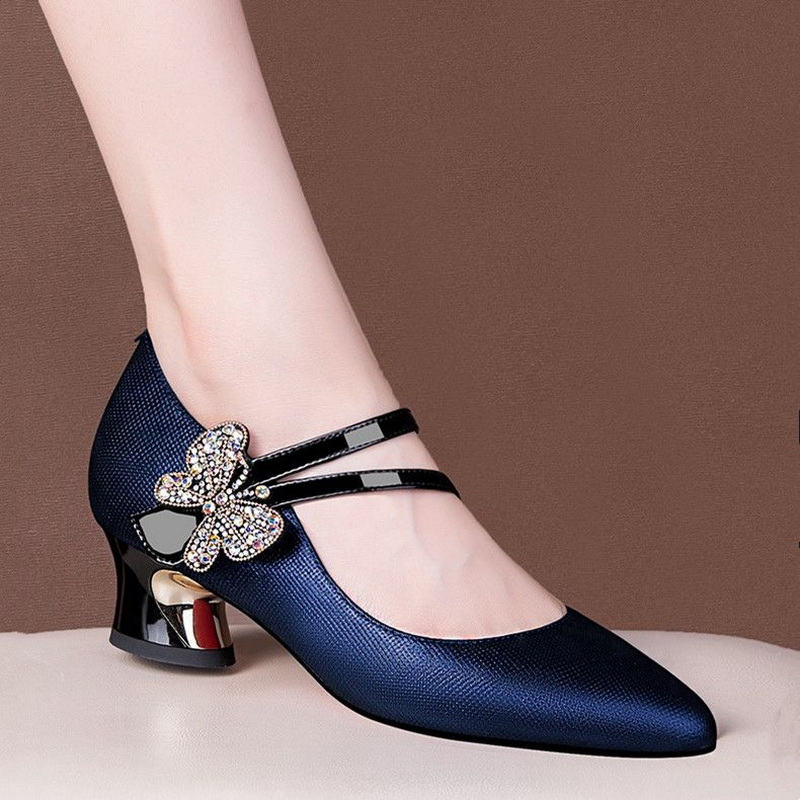 Women'S Fashion Vogue - FHC ตื้นหนังรองเท้าส้นสูงกลาง,Office Lady รองเท้าทํางาน,ผู้หญิงปั๊ม,Rhinestone Bowtie, vogue