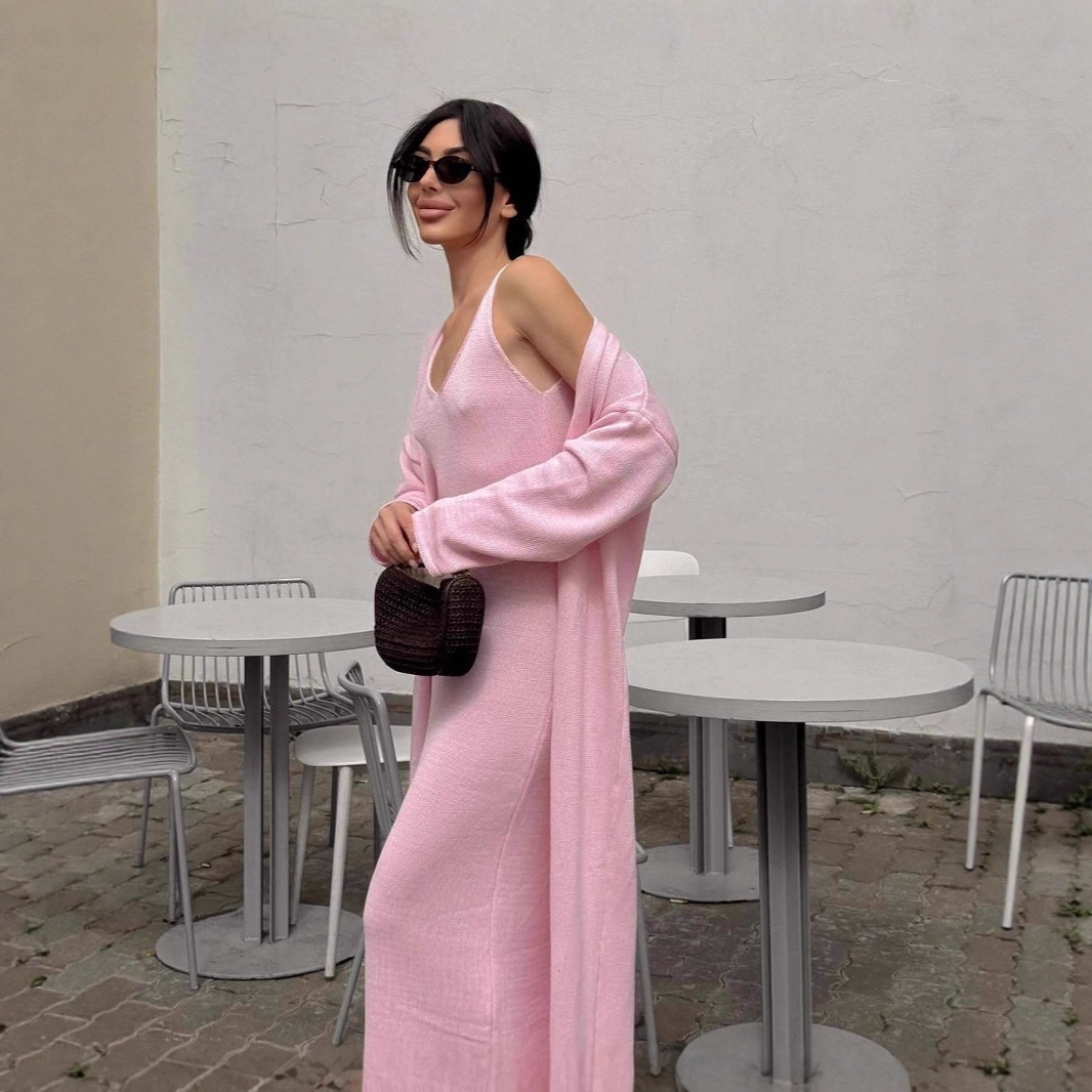 Longline Cardigan Knit - ชุดเดรสสูทผู้หญิง เสื้อคาร์ดิแกนถัก ชุดเดรส 2 ชิ้น ชุดเดรสคอวี