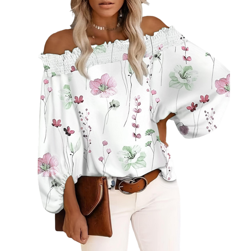 Women'S Fashion Jersey - เสื้อเบลาส์แฟชั่นไซส์ใหญ่สำหรับผู้หญิง ลายดอกไม้ แขนยาว เปิดไหล่ สไตล์ลำลอง เหมาะสำหรับใส่ไปเที่ยวทะเลในช่วงฤดูร้อน
