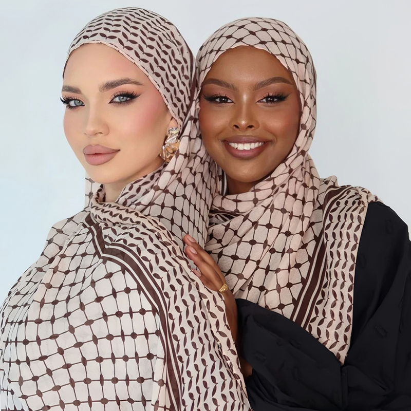 Women Fashion Uae - 2ชิ้นผ้าพันคอผ้าชีฟองอาหรับสำหรับผู้หญิงผ้าพันคอฮิญาบมุสลิมผ้าคลุมไหล่พิมพ์ลายอาหรับผ้าพันคอสวดมนต์ยาวผ้าพันคอยาวลายตารางระบายอากาศได้