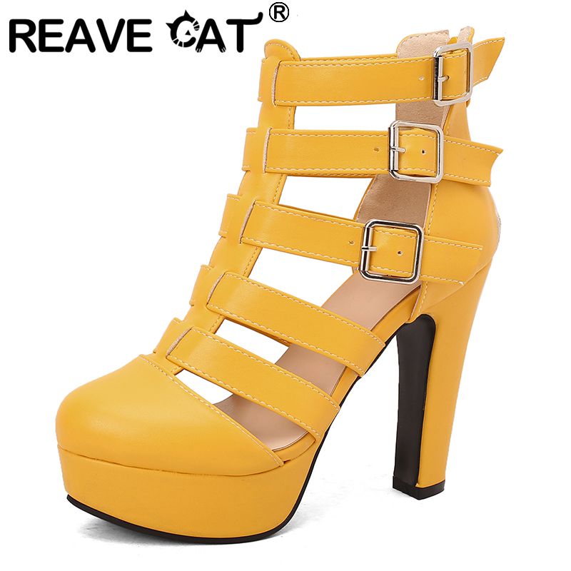 Fashion Women Belt - Reave รองเท้าแตะผู้หญิงที่หรูหราแมวรอบนิ้วเท้าหนาส้นหนา12ซม. แพลตฟอร์ม3.5ซม. ซิปเข็มขัดขนาดบวก48 49 50รองเท้าออกเดท