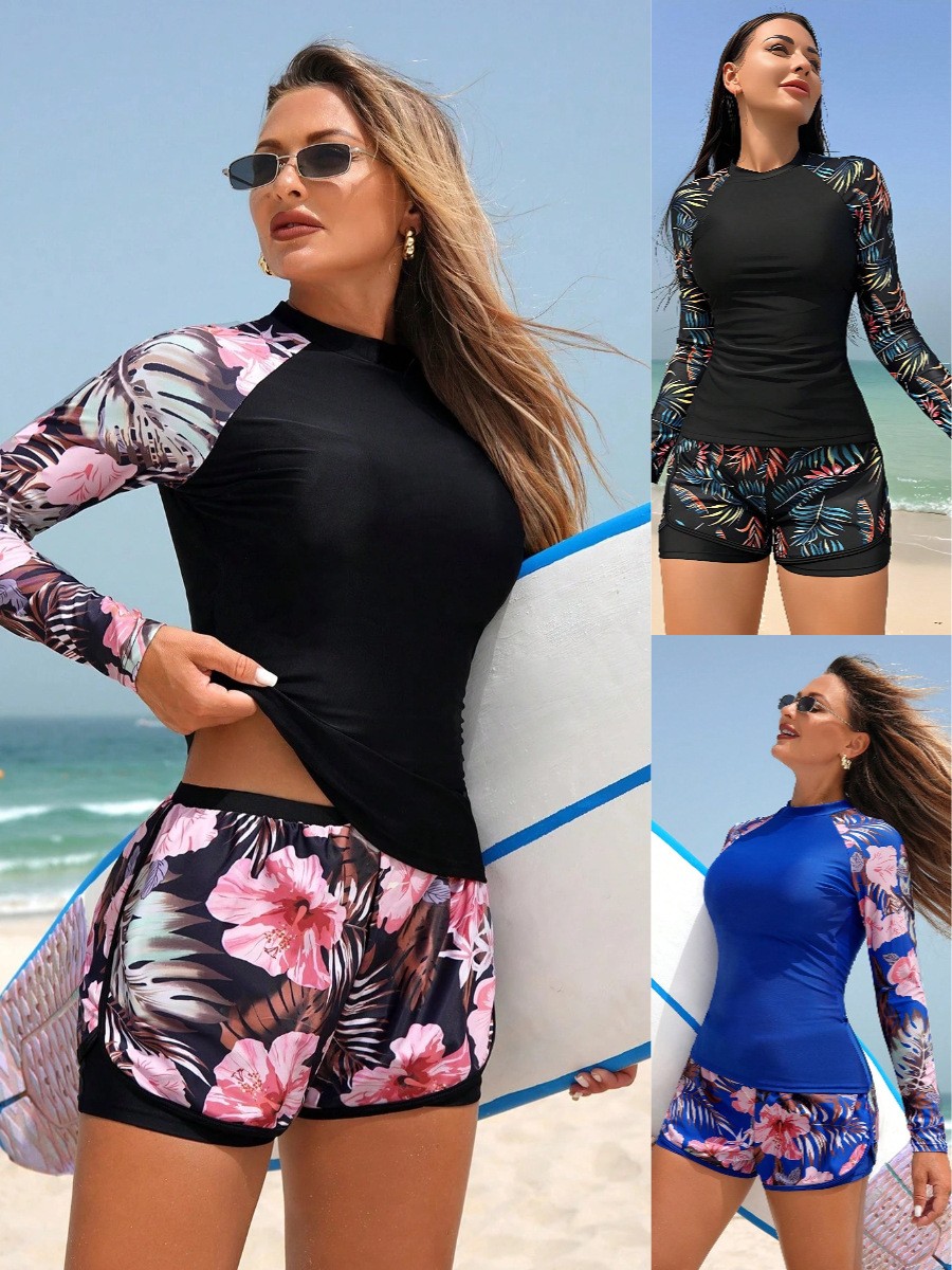 Crop Top Women - Y2k Tankini เสื้อครอปแขนยาวสำหรับผู้หญิง ลายดอกไม้ คอสูง ชุดแทนกินี่