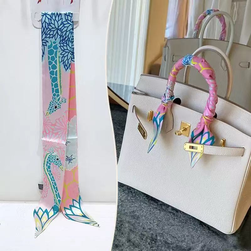 Women Fashion Usa - ผ้าพันคอไหมทวิลล์ลายยีราฟสไตล์ยุโรปและอเมริกา ขนาด 90 * 5 ซม.