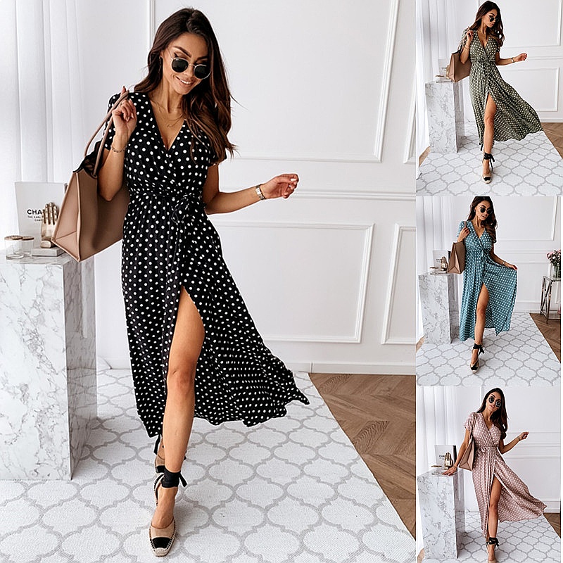 Maxi Dress Boho - ฤดูร้อนโบโฮ โพลก้า ดอท พริ้นท์ วี-เนค แขนสั้น