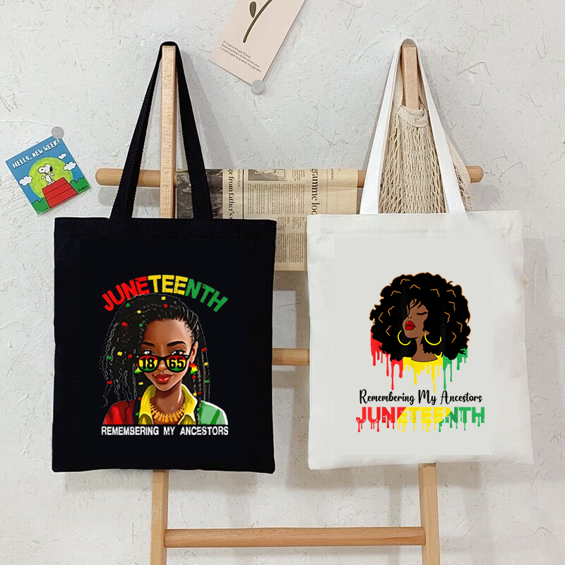 Women Fashion History - Juneteenth สีดําสาวพิมพ์ผ้าใบผู้หญิงกระเป๋าถือ 1865 ประวัติศาสตร์สีดํากระเป๋าแฟชั่น Black Power
