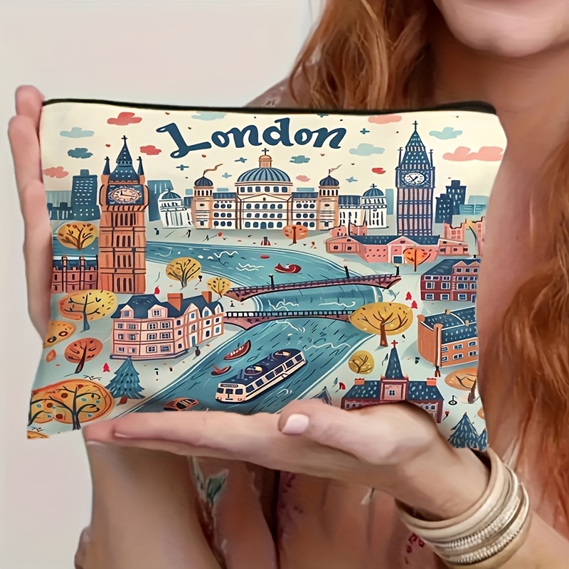 Women'S Fashion London - กระเป๋าใส่เครื่องสำอางสำหรับเดินทางธีมลอนดอนขนาดใหญ่สำหรับผู้หญิง ลายสถานที่สำคัญของอังกฤษแบบวินเทจ พร้อมลายบิ๊กเบนและพระราชวังบักกิงแฮม