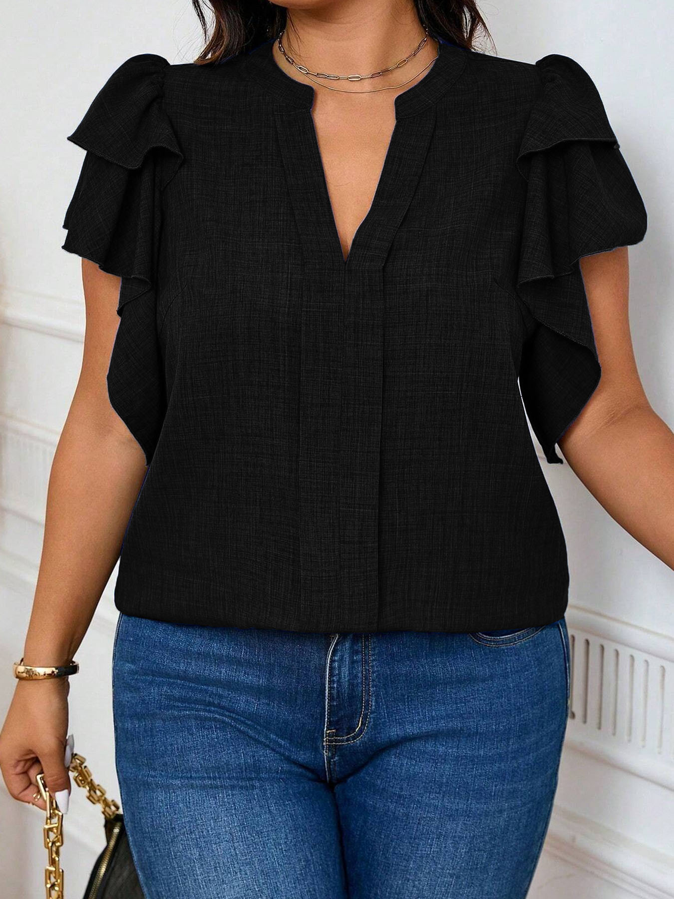 Women'S Fashion Jersey - เสื้อเบลาส์คอวีแขนระบายทรงหรูหราสำหรับผู้หญิงไซส์ใหญ่ – เสื้อสไตล์มินิมอลสำหรับทำงานหรือออกงานลำลอง