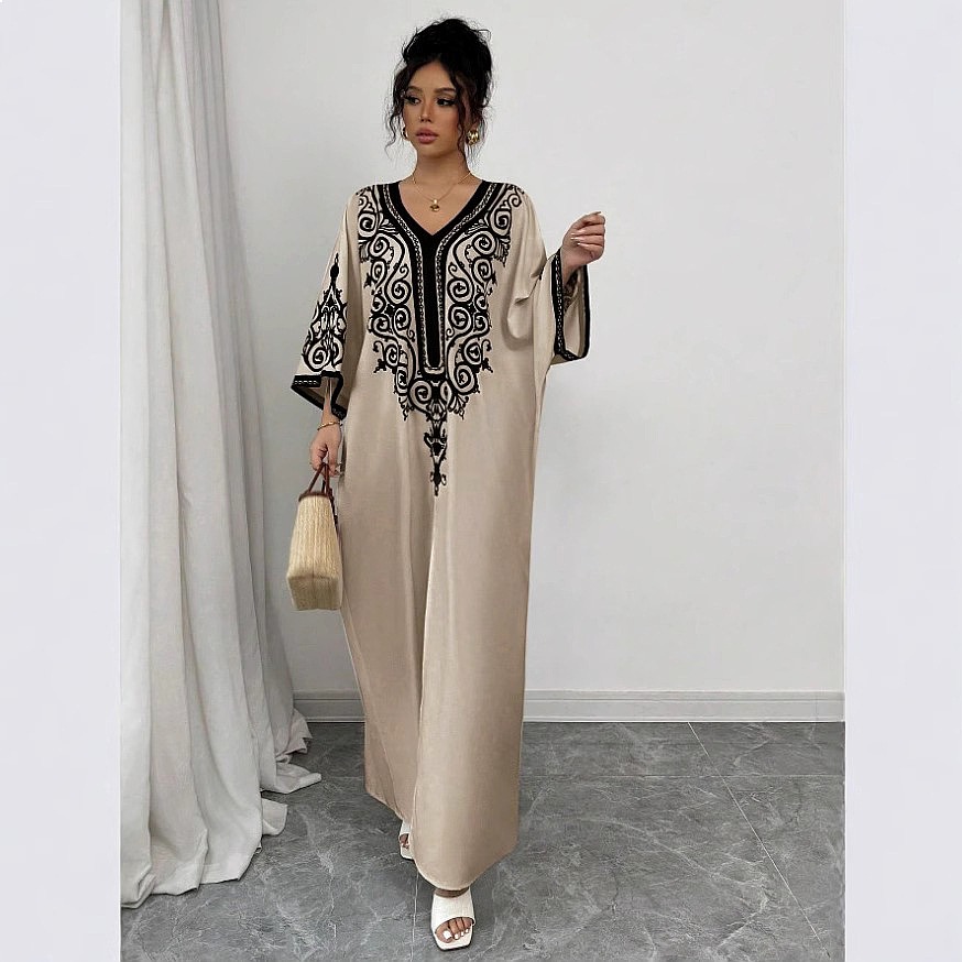 Maxi Dress Boho - เดรสยาวลายดอกคอวีทรงหลวมสไตล์โบโฮสำหรับฤดูใบไม้ผลิและฤดูร้อน