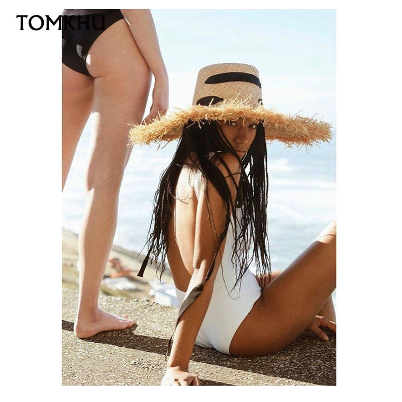 Women'S Fashion Kentucky Derby - ใหม่แฟชั่นผ้าพันคอสีดำริบบิ้นสุภาพสตรี Raffia ดิบหมวก Kentucky Derby หมวกขนาดใหญ่ฤดูร้อนกว้างชายหาด