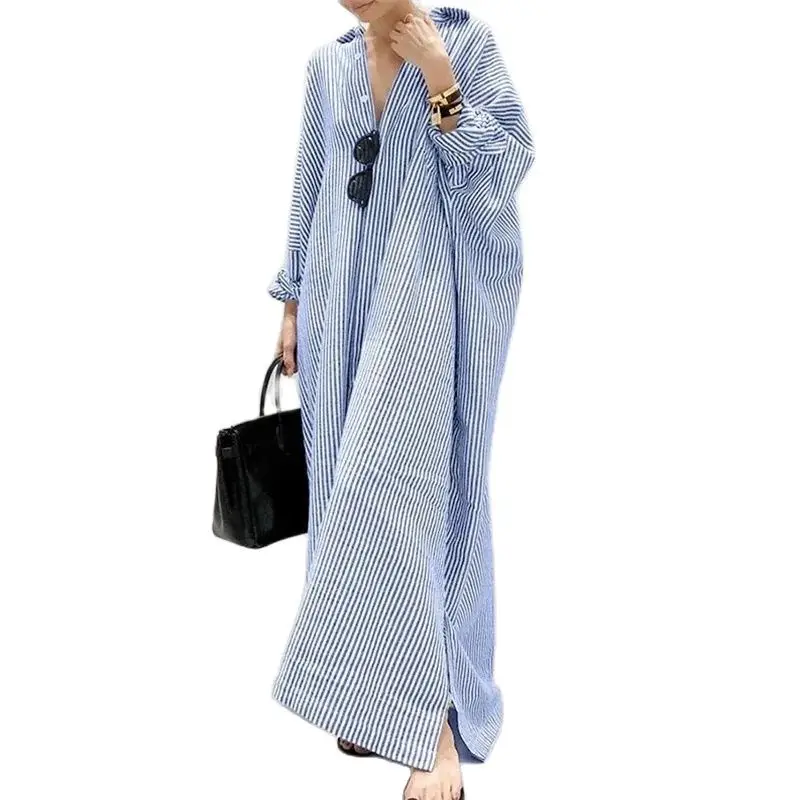 Longline Cardigan Knit - เดรสยาวสำหรับผู้หญิงพิมพ์ลายทางใส่ไปทำงานในสำนักงานชุดกระโปรงคาร์ดิแกนกระดุมแถวเดียวทรงหลวมคอปกสำหรับผู้หญิง