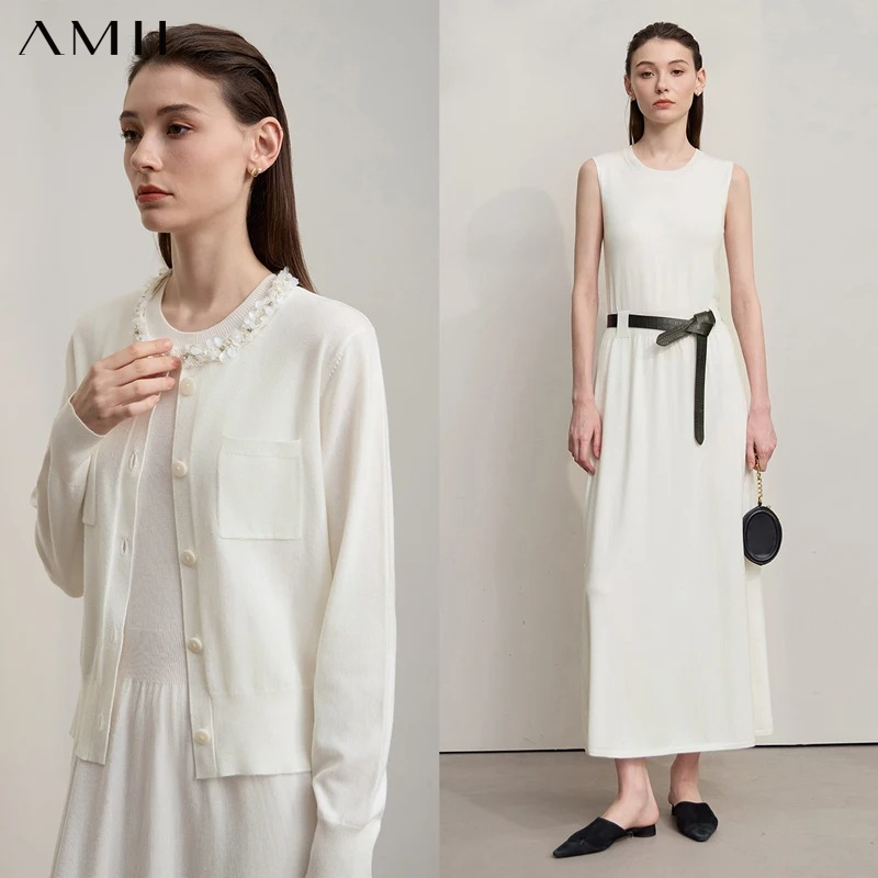 Longline Cardigan Knit - AMII มิดิเดรส 2026 ฤดูใบไม้ร่วงใหม่เสื้อคาร์ดิแกนถักแขนกุดเดรสยาวคอกลมสีพื้นเรียบหรูหลวมๆเสื้อผ้าสตรี 12543209
