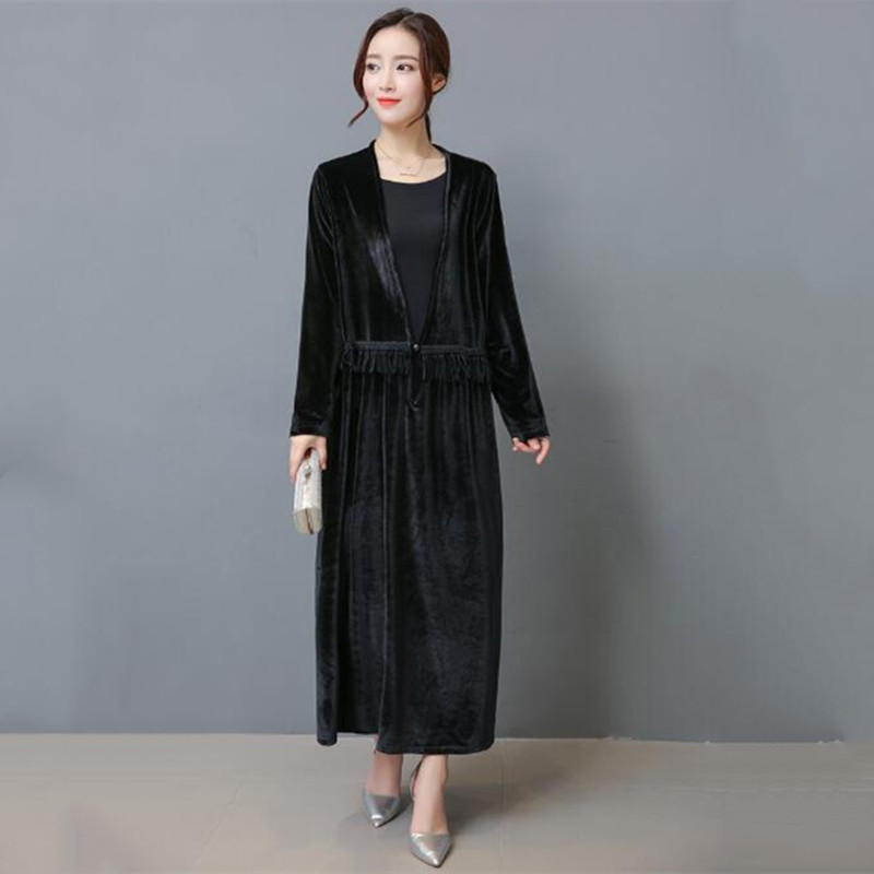 Longline Cardigan Knit - เสื้อคลุมกำมะหยี่ผู้หญิง สไตล์หรูหรา สำหรับฤดูใบไม้ร่วงและฤดูหนาว ติดกระดุม แจ็คเก็ตยาว สีพื้น