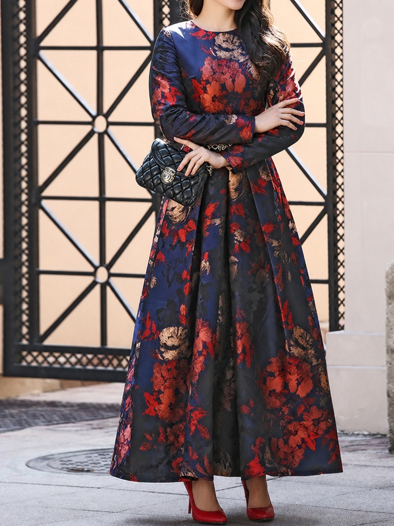 Maxi Dress Boho - DEVCHATA เดรสแม็กซี่สไตล์โบฮีเมียนวินเทจสำหรับสาวพลัสไซส์ ลายดอกไม้ แจ็คการ์ด คอกลม ทรงเอไลน์