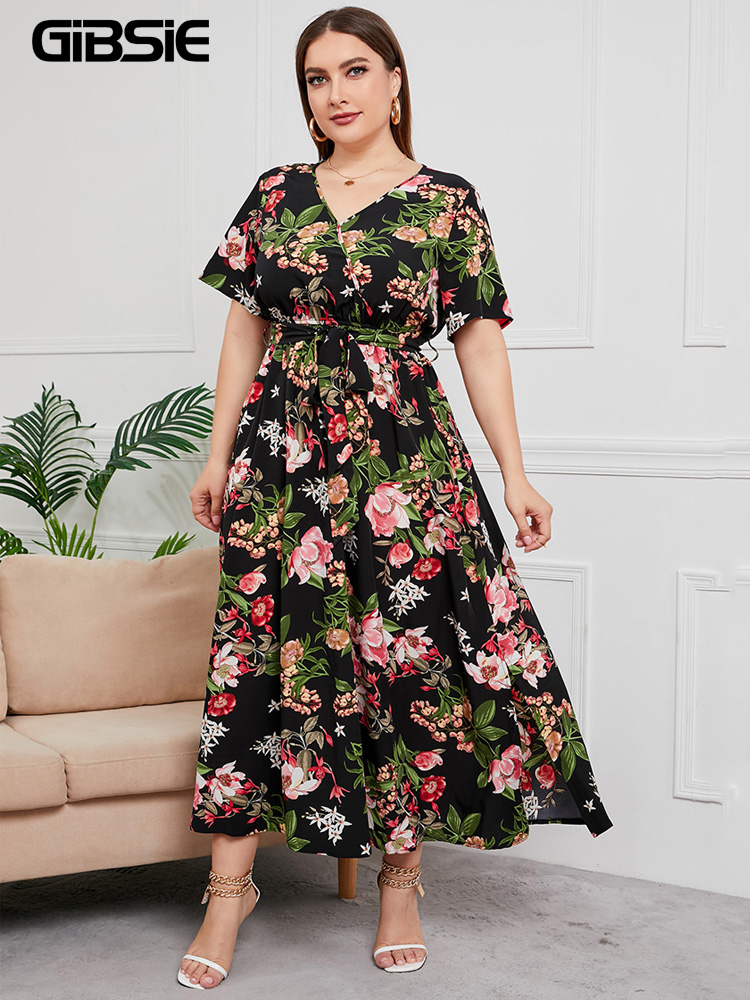 Maxi Dress Boho - GIBSIE พลัสขนาด V คอดอกไม้พิมพ์ Boho ผู้หญิงฤดูร้อนเสื้อแขนสั้น