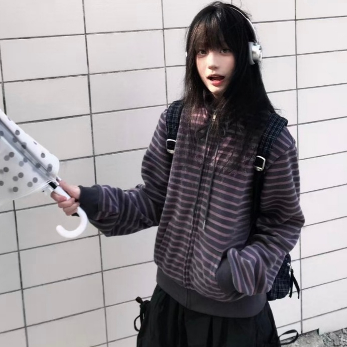 Longline Cardigan Knit - เสื้อคาร์ดิแกนถักสไตล์อเมริกันยุค 90 ลายทางแบบฮาราจูกุสำหรับผู้หญิง มีซิปและฮู้ด สไตล์ Y2K