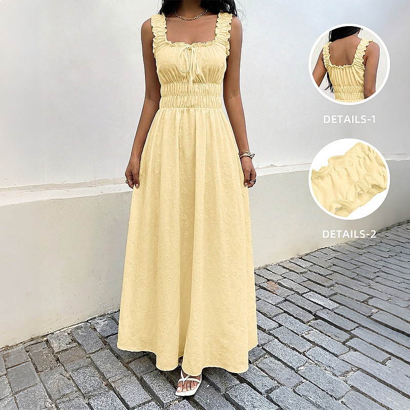 Maxi Dress Boho - เดรสแขนกุดคอเหลี่ยมสไตล์วินเทจฝรั่งเศสสำหรับฤดูร้อน เดรสยาวสไตล์โบโฮสำหรับวันพักผ่อนริมชายหาด เดรสยาวพลิ้วไหวสำหรับผู้หญิง