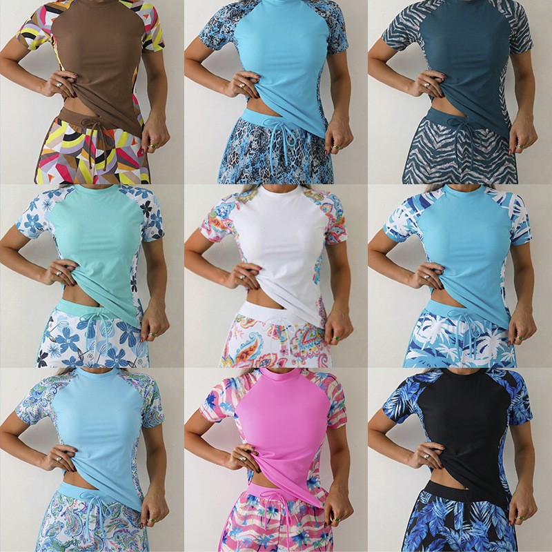 Crop Top Women - ชุดว่ายน้ำทูพีซลายดอกไม้สีฟ้า เสื้อครอปท็อปแบบแทงกินี่ กางเกงขาสั้นเอวสูง ชุดว่ายน้ำที่ดูเรียบร้อย