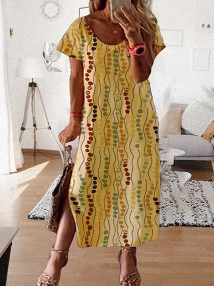 Maxi Dress Boho - เดรสยาวพิมพ์ลายสีเหลืองขนาดพลัสไซส์, เดรสยาวทรงหลวมคอกลมแขนสั้น, ชุดลำลองสำหรับผู้หญิงใส่เที่ยวพักผ่อนในฤดูร้อน