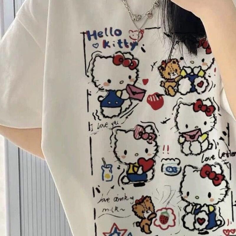 Women'S Fashion Jersey - เสื้อยืดแขนสั้นลายกราฟฟิตี้เฮลโล คิตตี้สำหรับผู้หญิง ผ้าฝ้าย Y2K ลายการ์ตูนน่ารัก แฟชั่นสตรีทสุดฮิต