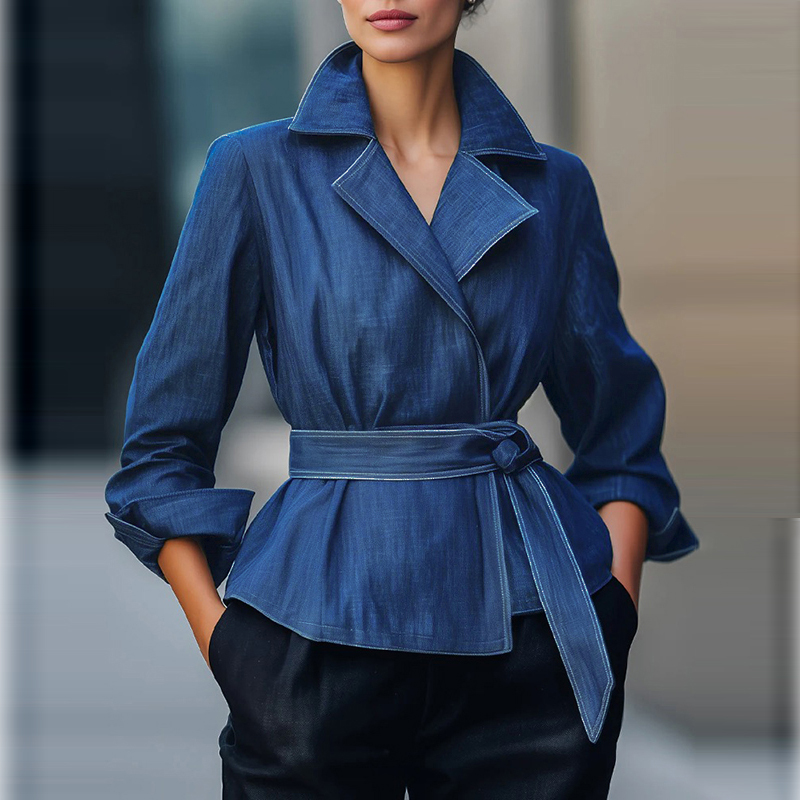Fashion Women Belt - เสื้อแจ็คเก็ตยีนส์แฟชั่นสำหรับผู้หญิง แขนยาว สไตล์วินเทจ สีน้ำเงิน สำหรับฤดูใบไม้ร่วงและฤดูใบไม้ผลิ ปี