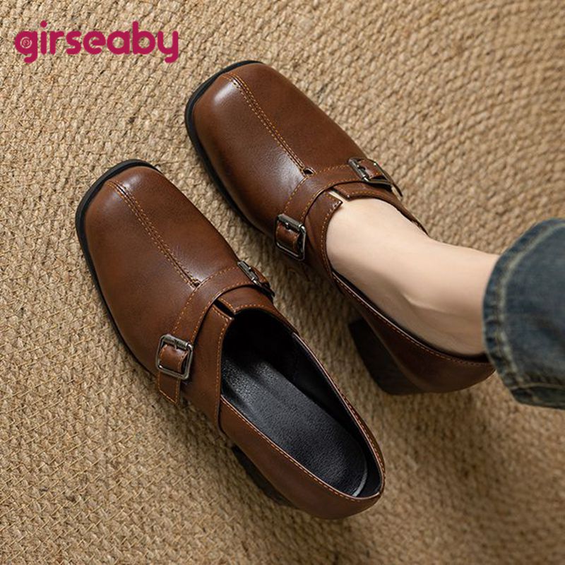 Fashion Women Belt - Girseaby Vintage ผู้หญิงปั๊มสแควร์ Toe รองเท้าส้นสูง Slip