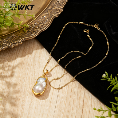 Women'S Fashion Vogue - WT-JN063 สร้อยคอมุกน้ำจืดธรรมชาติพร้อมจี้ประดับทอง 18 นิ้ว โซ่เชื่อมทองคำ ผู้หญิง