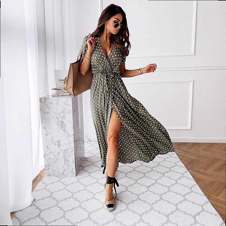 ฤดูร้อนโบโฮ โพลก้า ดอท พริ้นท์ - Maxi Dress Boho บทวิจารณ์และราคา