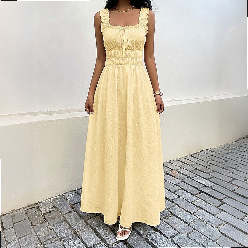 เดรสแขนกุดคอเหลี่ยมสไตล์วินเทจ - Maxi Dress Boho บทวิจารณ์และราคา