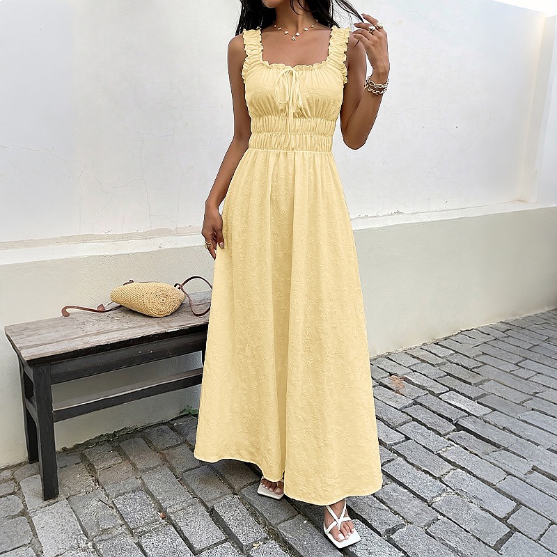 เดรสแขนกุดคอเหลี่ยมสไตล์วินเทจ - Maxi Dress Boho บทวิจารณ์และราคา