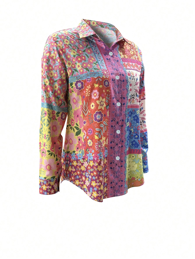 ขนาดบวกลายดอกไม้พิมพ์ปุ่มลงเสื - Women'S Fashion Jersey บทวิจารณ์และราคา